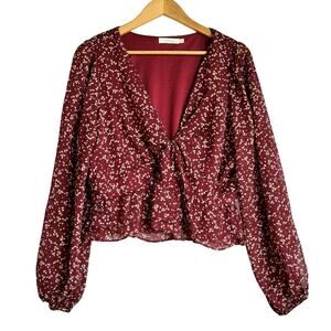Lush Shay Peplum Cropped Blouse XL Burgundy Cream Romantic Bohemian Fall Floral